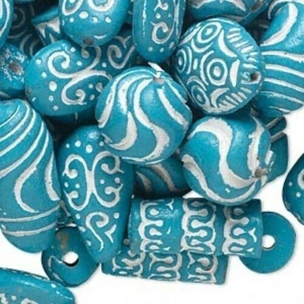 Vintage Ethnic African Tribal Clay Beads Turquoise White 12 pcs